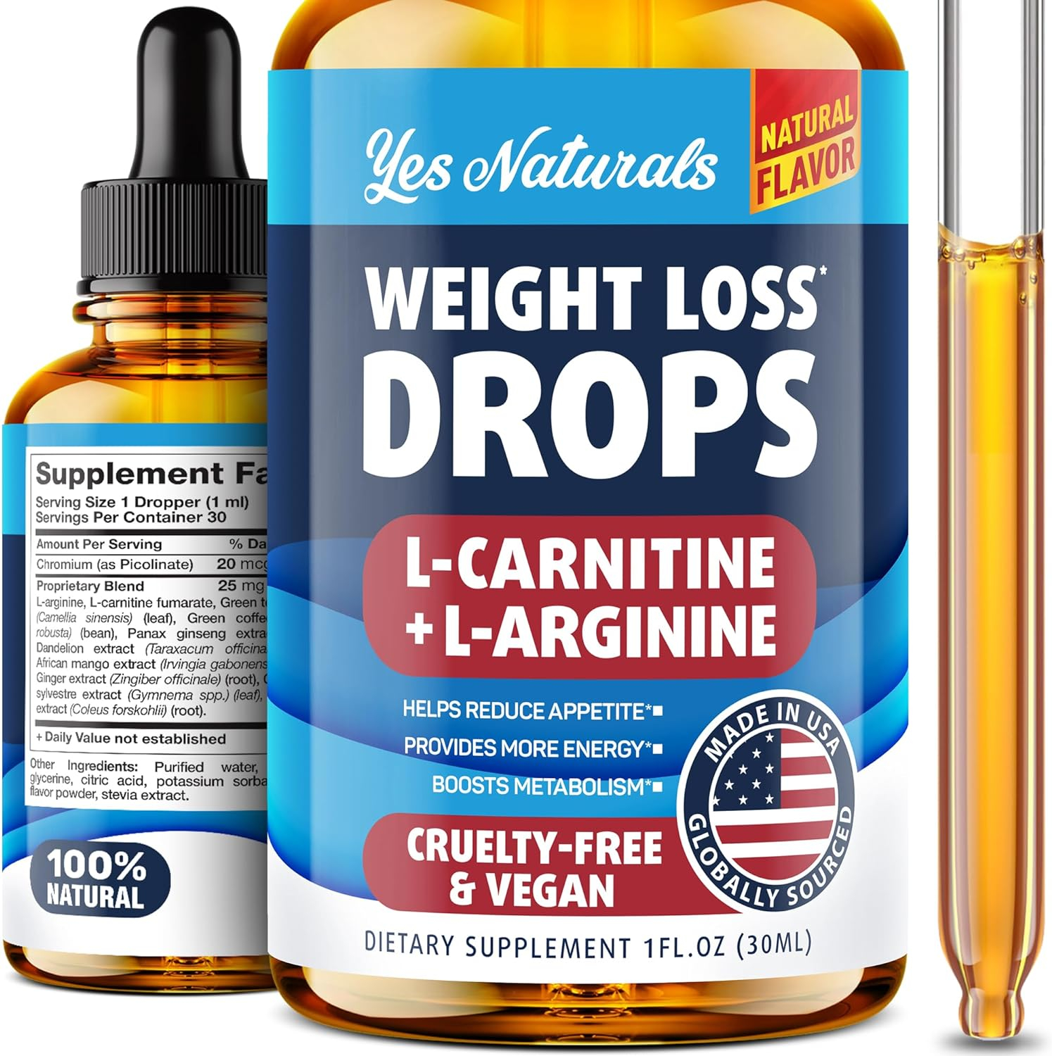 YES NATURALS! Weight Loss Drops - Natural Metabolism Booster  Appetite Suppressant - Made in USA - Diet Drops with L-Arginine  L-Glutamine, 1 Fl Oz